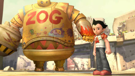 HD desktop wallpaper featuring Astro Boy and a large robot named ZOG from Project Atom movie. The background shows a detailed, futuristic setting.
