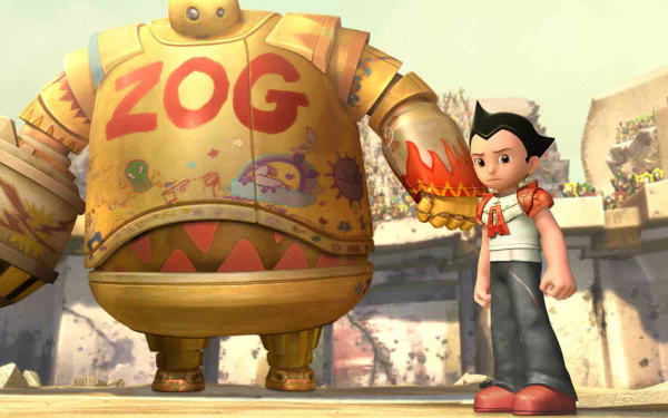 HD desktop wallpaper featuring Astro Boy and a large robot named ZOG from Project Atom movie. The background shows a detailed, futuristic setting.