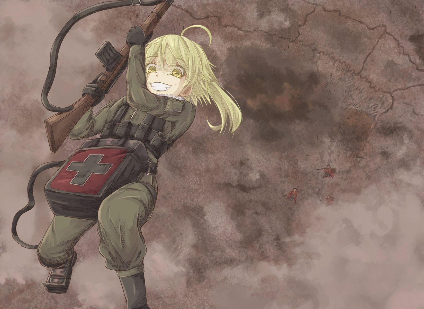 HD PC desktop wallpaper featuring Tanya Degurechaff from the anime The Saga of Tanya the Evil, depicted with a determined expression and military gear.