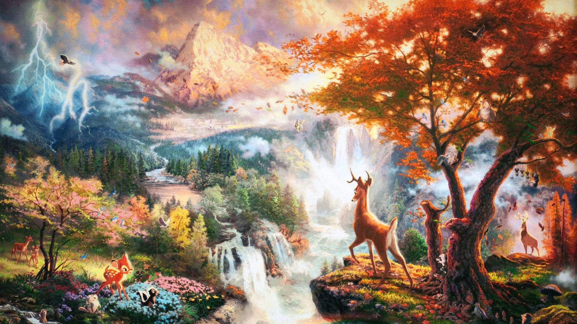 HD PC desktop wallpaper/background showing Bambi from the movie: a young deer on a cliff overlooking waterfalls, mountains and a colorful, storybook autumn forest.
