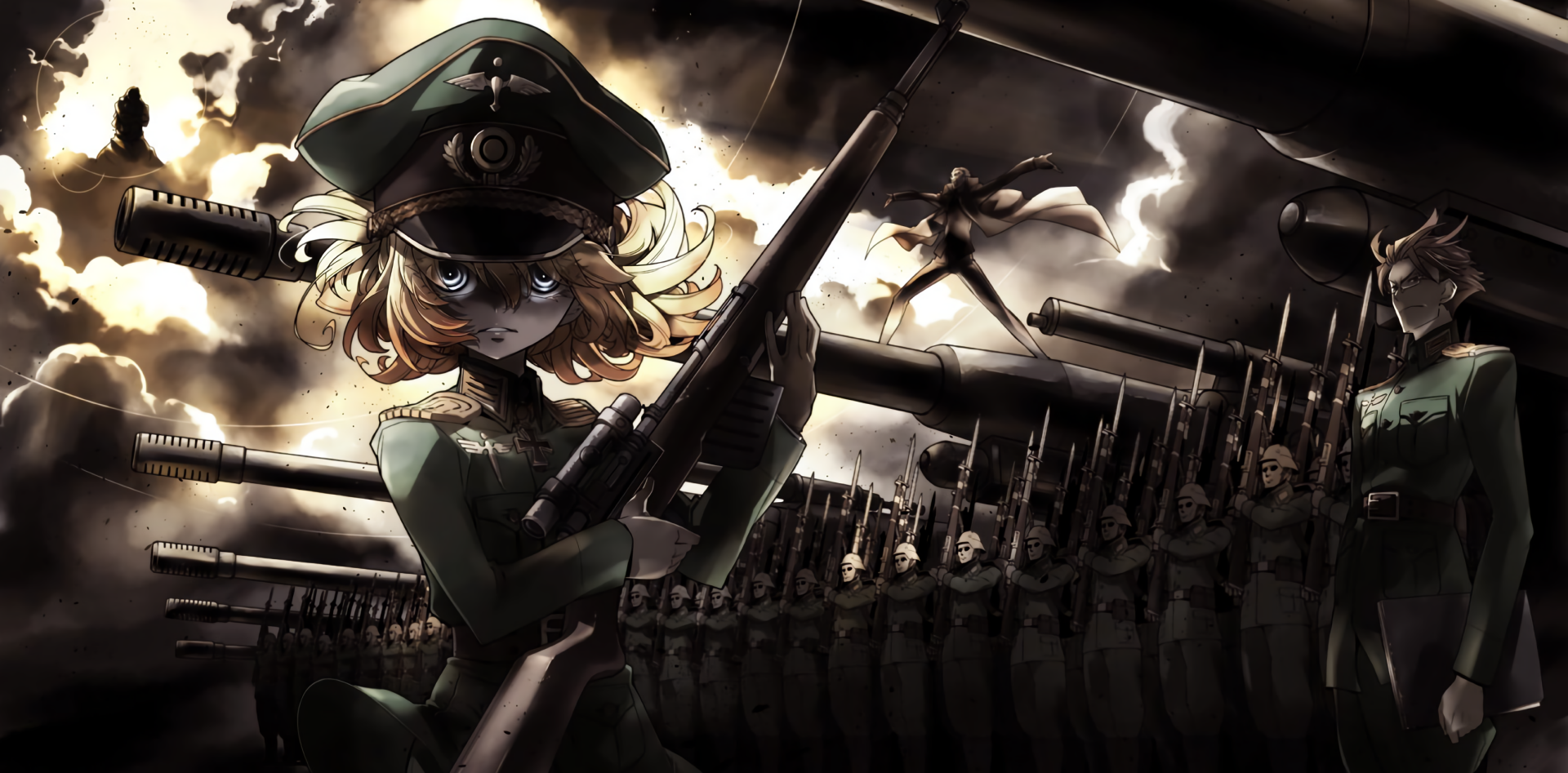 HD desktop wallpaper featuring Tanya Degurechaff from the anime Youjo Senki, with Tanya holding a rifle against a backdrop of soldiers and dark, dramatic skies.