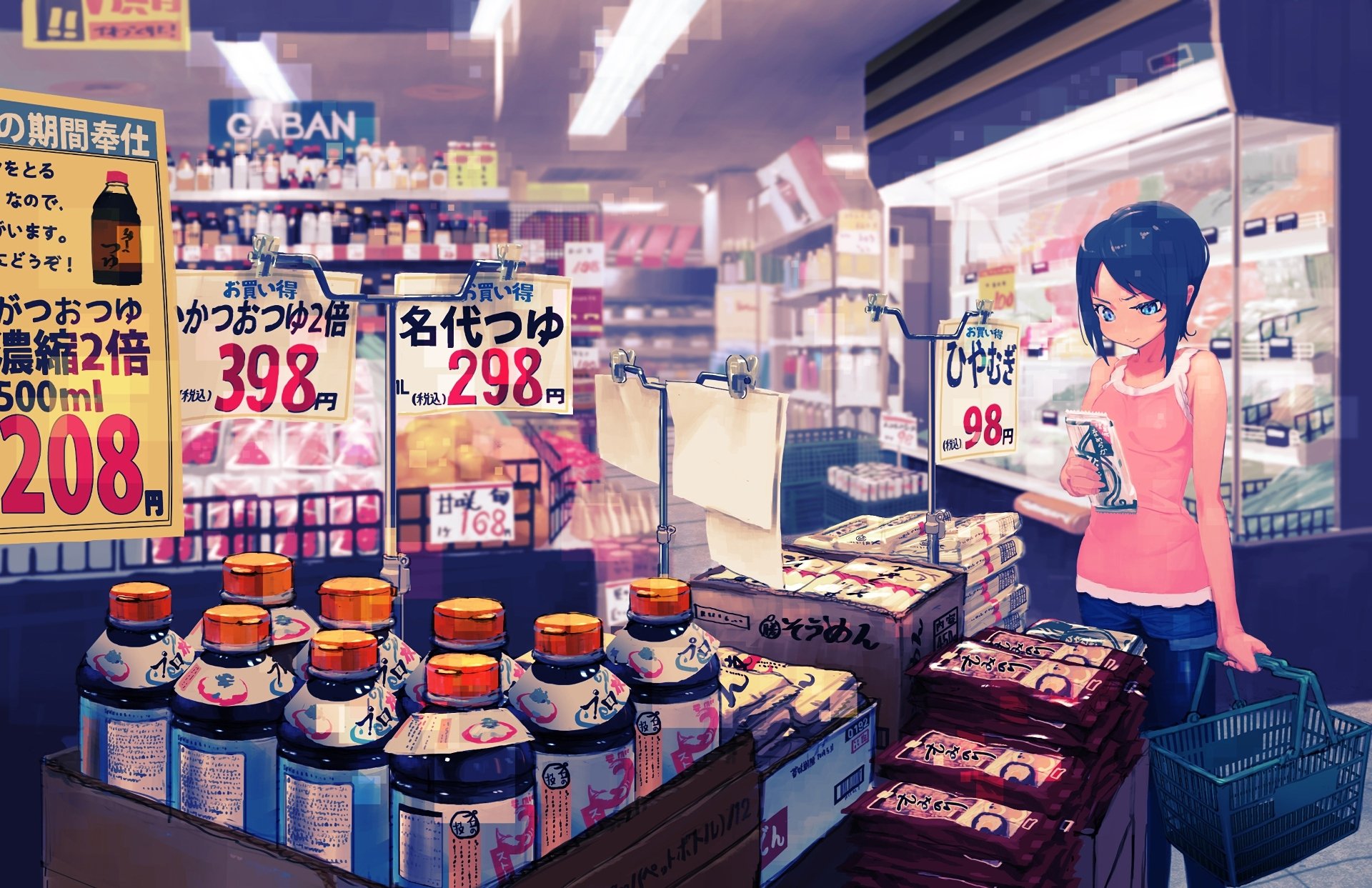 Anime-style HD desktop wallpaper depicting a brightly lit shop interior with various products and a girl holding a shopping basket.