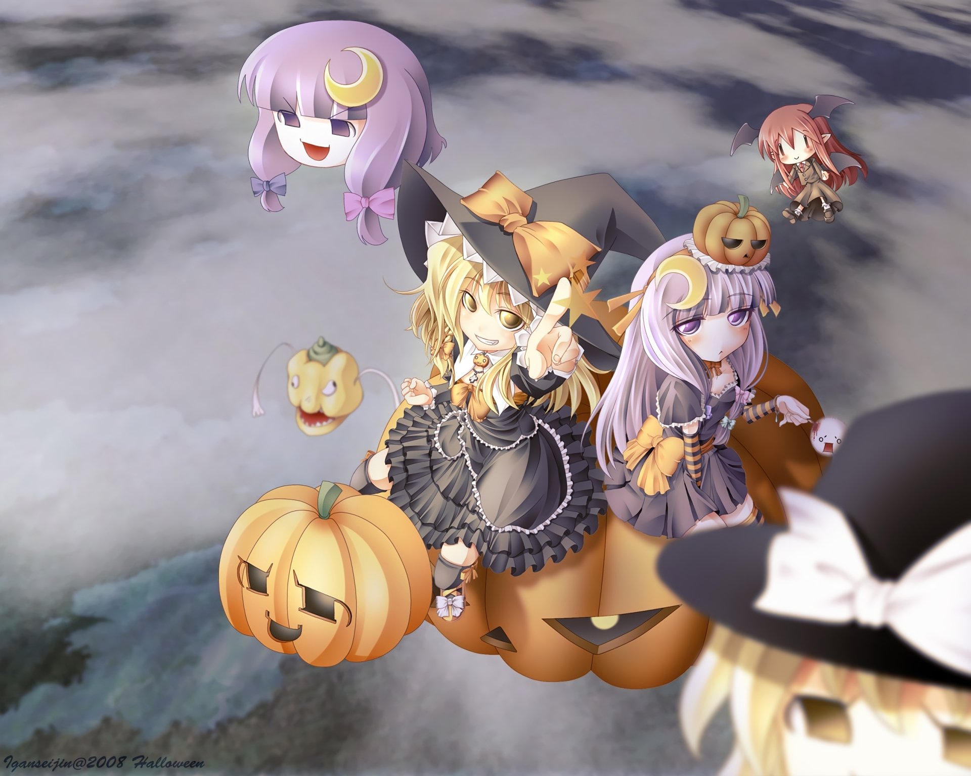 HD anime desktop wallpaper featuring Touhou characters Marisa Kirisame, Koakuma, and Patchouli Knowledge with Halloween-themed pumpkins floating in a cloudy sky.