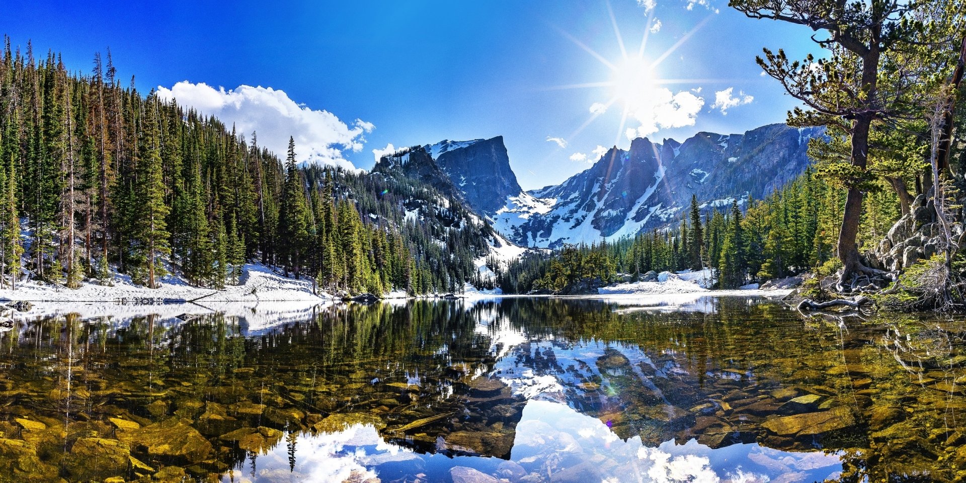 Download Forest Mountain Sun Sunbeam Lake Nature Reflection HD Wallpaper
