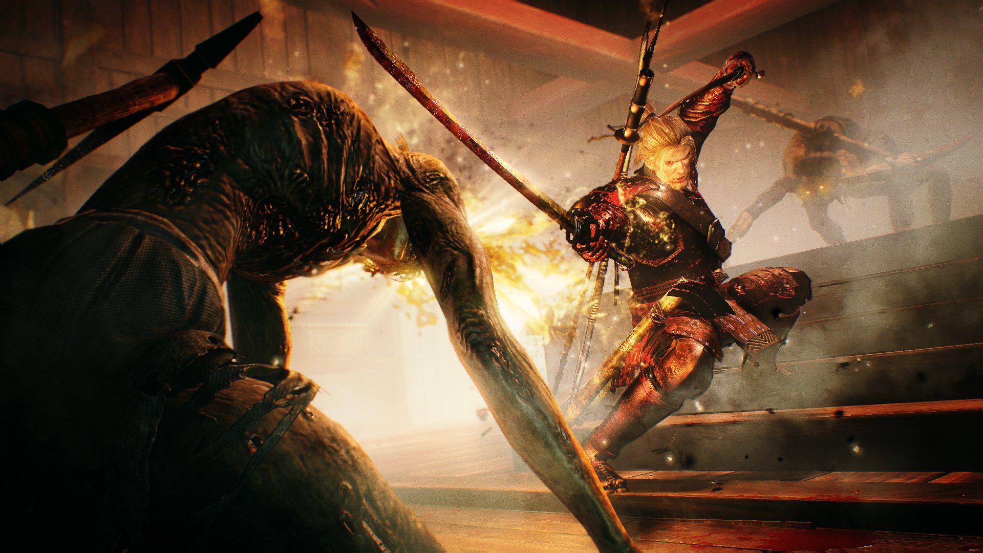 HD PC desktop wallpaper showcasing intense combat from the video game Nioh, featuring a samurai battling a grotesque monster in a dimly lit environment.
