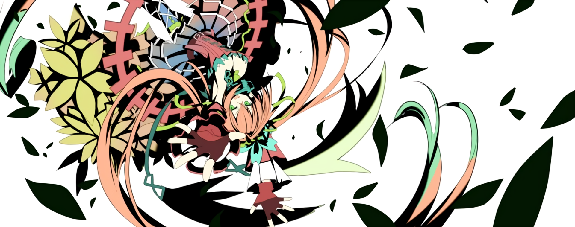 Anime Clockwork Planet HD PC desktop wallpaper and background: stylized girl with flowing hair and clockwork gears, dynamic black, green and orange swirls on a white backdrop.