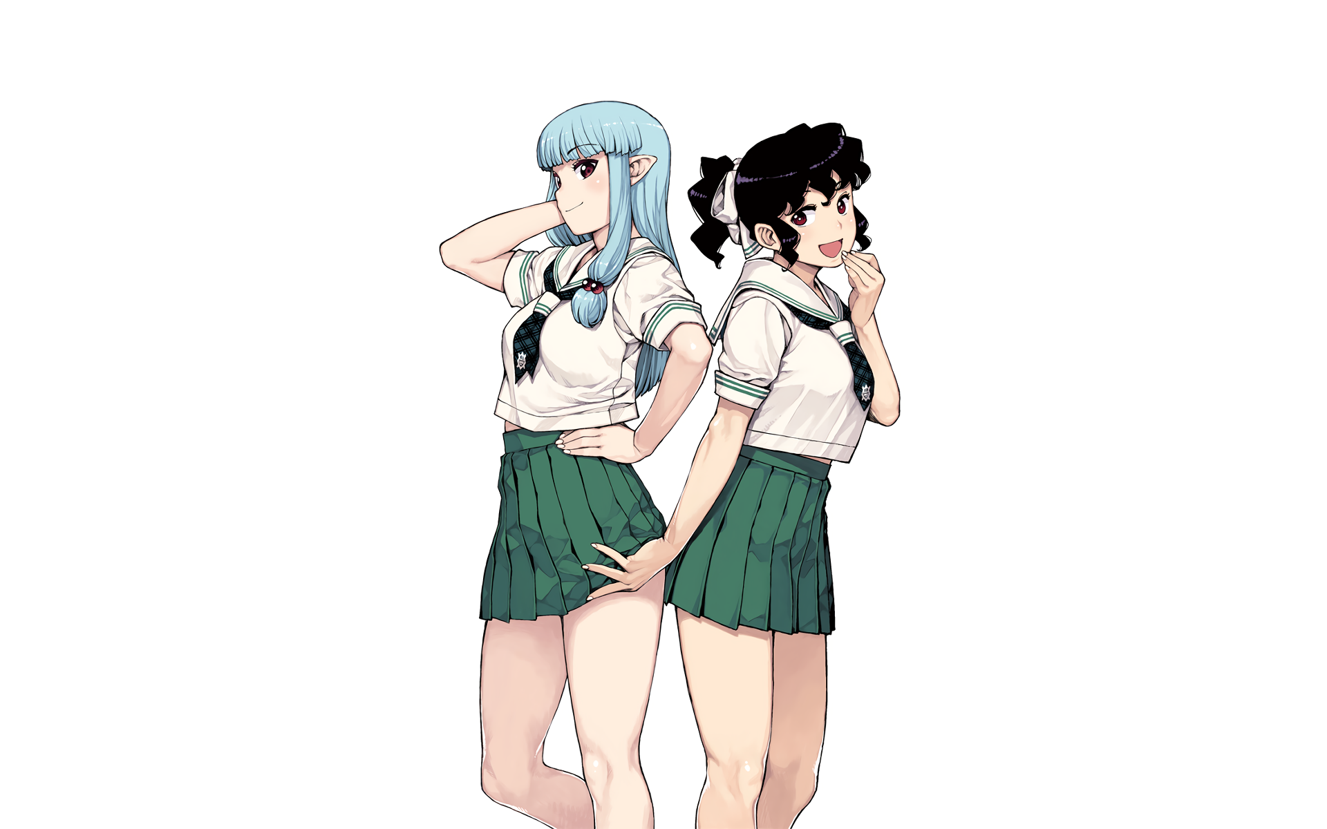 HD anime desktop wallpaper featuring two female characters from Tsugumomo in school uniforms against a plain white background.