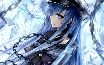 HD wallpaper of Esdeath from Akame Ga Kill! featuring the anime character with blue hair against a backdrop of icy crystals, adding a cool and edgy aesthetic to your desktop.
