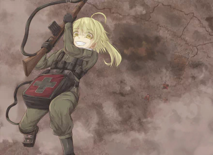HD PC desktop wallpaper featuring Tanya Degurechaff from the anime The Saga of Tanya the Evil, depicted with a determined expression and military gear.