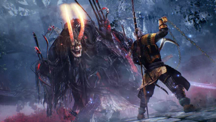 HD desktop wallpaper of William Adams battling the Ogress from the video game Nioh. The scene captures intense action in the game’s atmospheric and mythical setting.