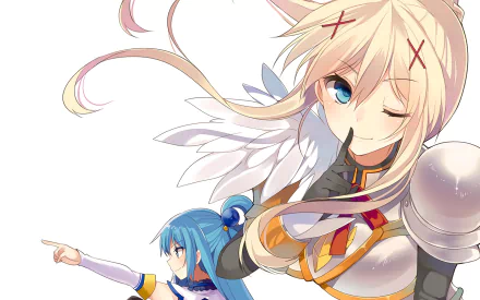 HD desktop wallpaper featuring Aqua and Darkness from the anime KonoSuba: God's Blessing on This Wonderful World! Aqua is pointing while Darkness winks and holds a finger to her lips.