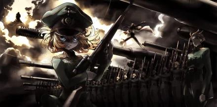 HD desktop wallpaper featuring Tanya Degurechaff from the anime Youjo Senki, with Tanya holding a rifle against a backdrop of soldiers and dark, dramatic skies.