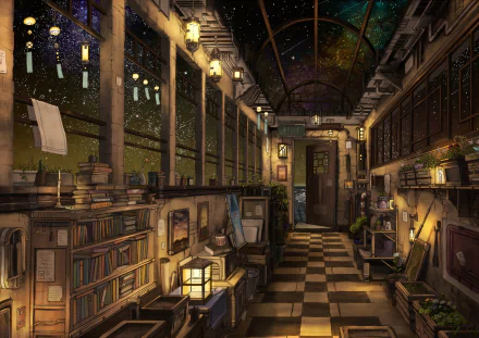 HD desktop wallpaper featuring a cozy, dimly lit anime-style room filled with books and lanterns, with a starry sky visible through the windows and ceiling. The room exudes a magical and serene atmosphere.