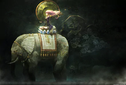 HD PC desktop wallpaper featuring Byakuren Hijiri from the anime Touhou, depicted riding a decorated elephant against a dark, mystical background.