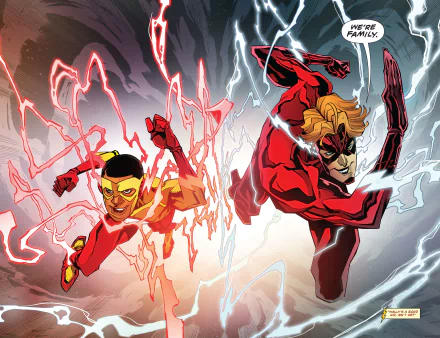 HD desktop wallpaper featuring Wallace West as Kid Flash and Wally West as Flash from DC Comics, captured mid-action with dynamic energy trails in a comic book style.