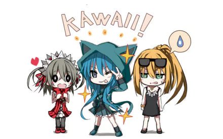 Anime-style Clockwork Planet HD desktop wallpaper featuring three chibi characters expressing cute and playful emotions with colorful, detailed designs and text KAWAII! above.