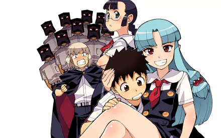 Anime, Tsugumomo HD PC desktop wallpaper: blue-haired girl smiling and holding a boy, stern dark-haired girl and a row of masked figures behind them on a white background.