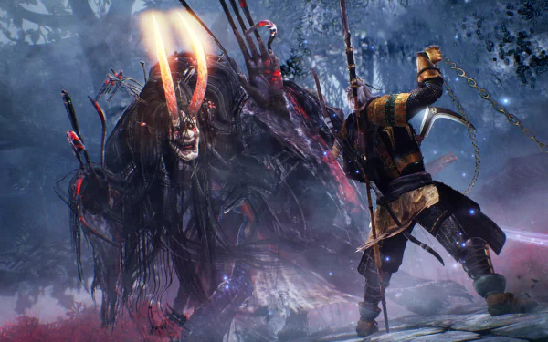 HD desktop wallpaper of William Adams battling the Ogress from the video game Nioh. The scene captures intense action in the game’s atmospheric and mythical setting.
