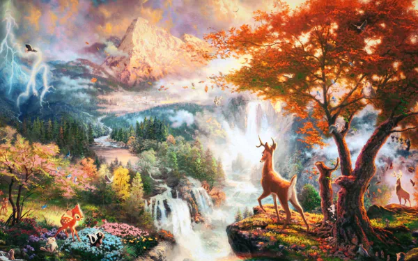HD PC desktop wallpaper/background showing Bambi from the movie: a young deer on a cliff overlooking waterfalls, mountains and a colorful, storybook autumn forest.