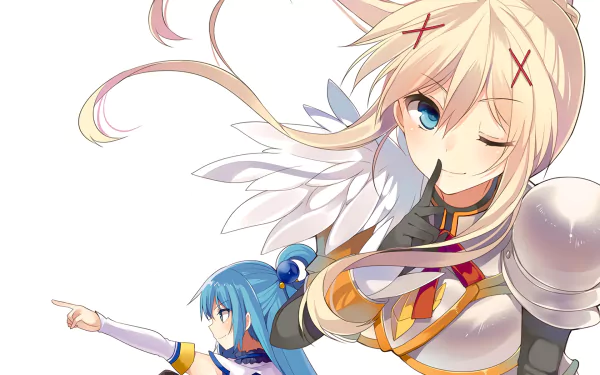 HD desktop wallpaper featuring Aqua and Darkness from the anime KonoSuba: God's Blessing on This Wonderful World! Aqua is pointing while Darkness winks and holds a finger to her lips.