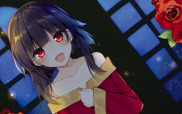 Megumin from KonoSuba: God's Blessing on This Wonderful World!! is depicted in this HD desktop wallpaper and background, featuring her with red eyes, dark hair, and a red outfit with roses and a lit window background.