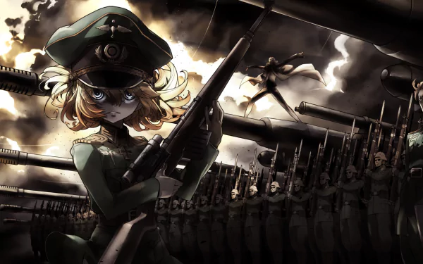 HD desktop wallpaper featuring Tanya Degurechaff from the anime Youjo Senki, with Tanya holding a rifle against a backdrop of soldiers and dark, dramatic skies.