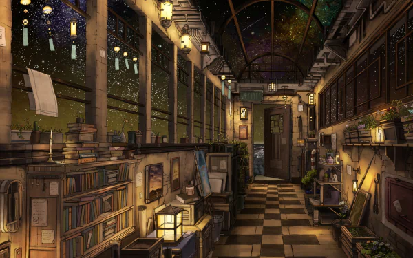 HD desktop wallpaper featuring a cozy, dimly lit anime-style room filled with books and lanterns, with a starry sky visible through the windows and ceiling. The room exudes a magical and serene atmosphere.
