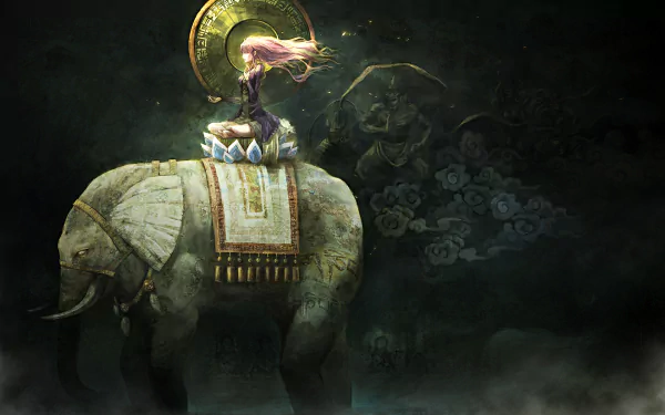 HD PC desktop wallpaper featuring Byakuren Hijiri from the anime Touhou, depicted riding a decorated elephant against a dark, mystical background.
