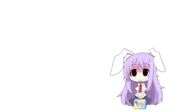 Chibi Reisen Udongein Inaba (Touhou) with lavender hair and rabbit ears at the bottom-right on a minimalist white HD PC desktop wallpaper, holding a small colorful mug.