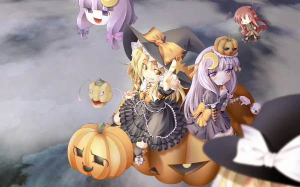 HD anime desktop wallpaper featuring Touhou characters Marisa Kirisame, Koakuma, and Patchouli Knowledge with Halloween-themed pumpkins floating in a cloudy sky.