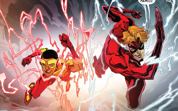 HD desktop wallpaper featuring Wallace West as Kid Flash and Wally West as Flash from DC Comics, captured mid-action with dynamic energy trails in a comic book style.