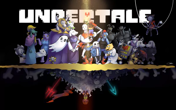 HD desktop wallpaper featuring characters from the video game Undertale, with the game's title at the top and various iconic figures in colorful detail against a black background.