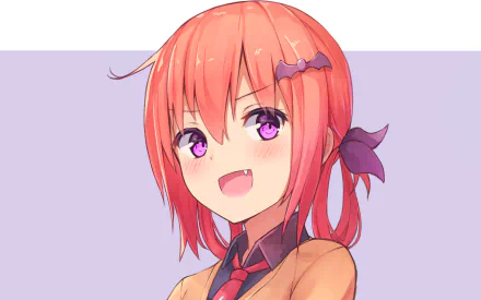HD anime desktop wallpaper featuring Satanichia Kurumizawa McDowell from Gabriel DropOut with vibrant red hair and bright purple eyes against a soft purple background.