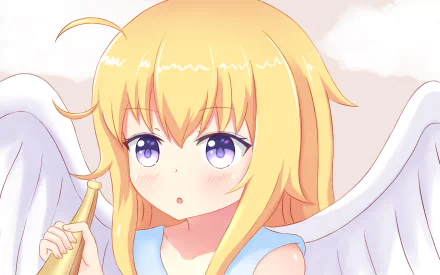 HD anime desktop wallpaper featuring Gabriel Tenma White from Gabriel DropOut with blonde hair, purple eyes, and angel wings against a soft sky background.