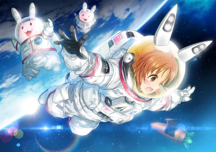 HD desktop wallpaper featuring Nana Abe from The iDOLM@STER Cinderella Girls, depicting her in a space suit floating in outer space with bunnies.