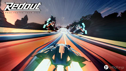 HD desktop wallpaper featuring a dynamic race scene from Redout: Enhanced Edition with high-speed futuristic vehicles.
