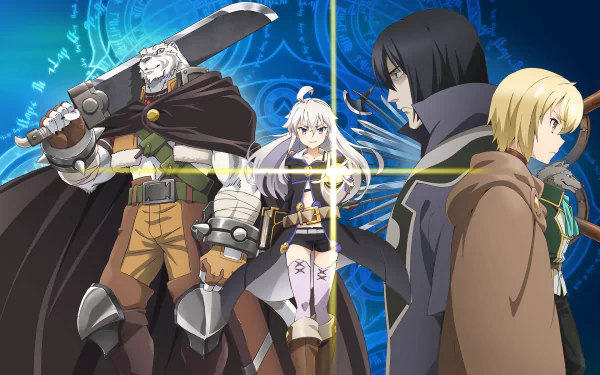 HD PC desktop wallpaper featuring characters from the anime Grimoire of Zero, with a mystical blue background and detailed fantasy-themed designs.