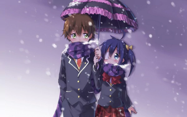 HD desktop wallpaper of Yūta Togashi and Rikka Takanashi from Love, Chunibyo & Other Delusions, sharing an umbrella in a snowy scene.
