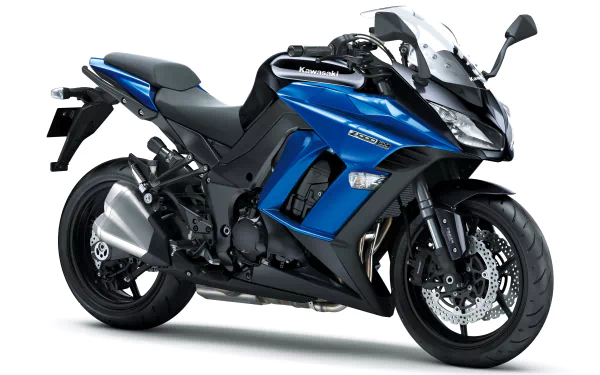 HD desktop wallpaper featuring a sleek blue Kawasaki Ninja motorcycle, showcasing its powerful design and modern aesthetics.