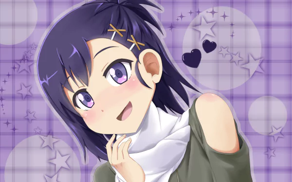 HD desktop wallpaper featuring Vignette Tsukinose April from the anime Gabriel DropOut, with a purple geometric and starry background.