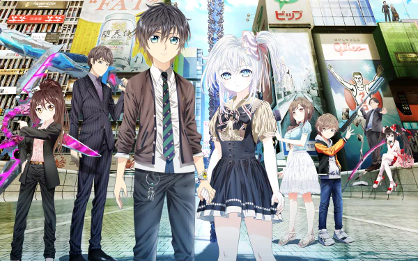 HD desktop wallpaper featuring characters from the anime Hand Shakers. The image showcases various characters with a city backdrop, highlighting vibrant and detailed anime artwork.