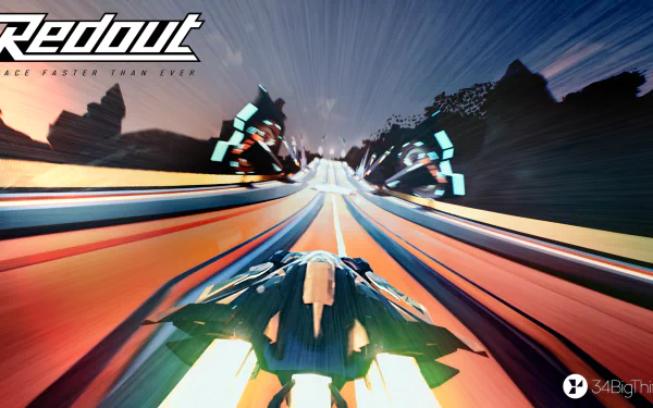HD desktop wallpaper featuring a dynamic race scene from Redout: Enhanced Edition with high-speed futuristic vehicles.