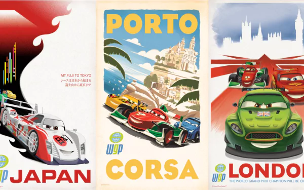 Cars 2 movie HD PC desktop wallpaper: triptych travel-style posters featuring racing cars racing across Japan, Porto and London.