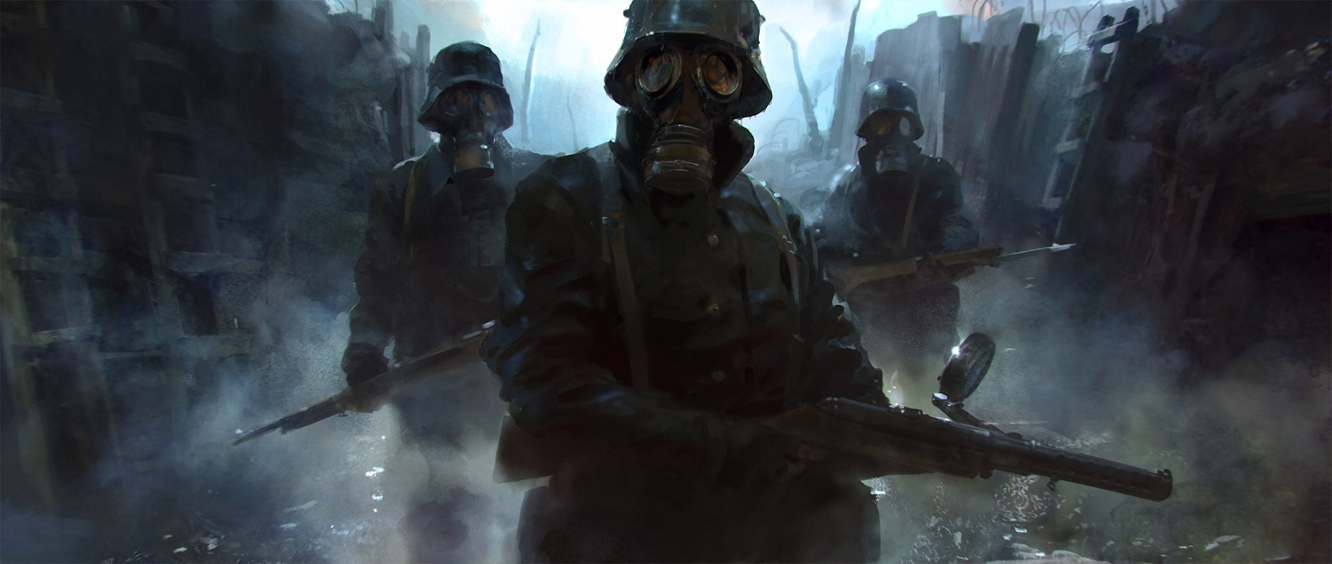 HD desktop wallpaper featuring soldiers in gas masks in a World War I trench setting, inspired by the video game Battlefield 1.