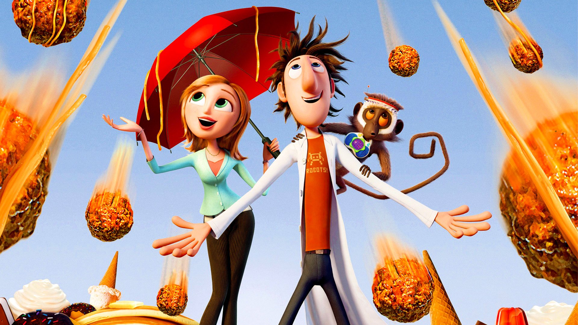 HD PC desktop wallpaper from the movie Cloudy with a Chance of Meatballs: Flint, Sam and pet monkey Steve smile as giant meatballs rain down against a bright blue sky.