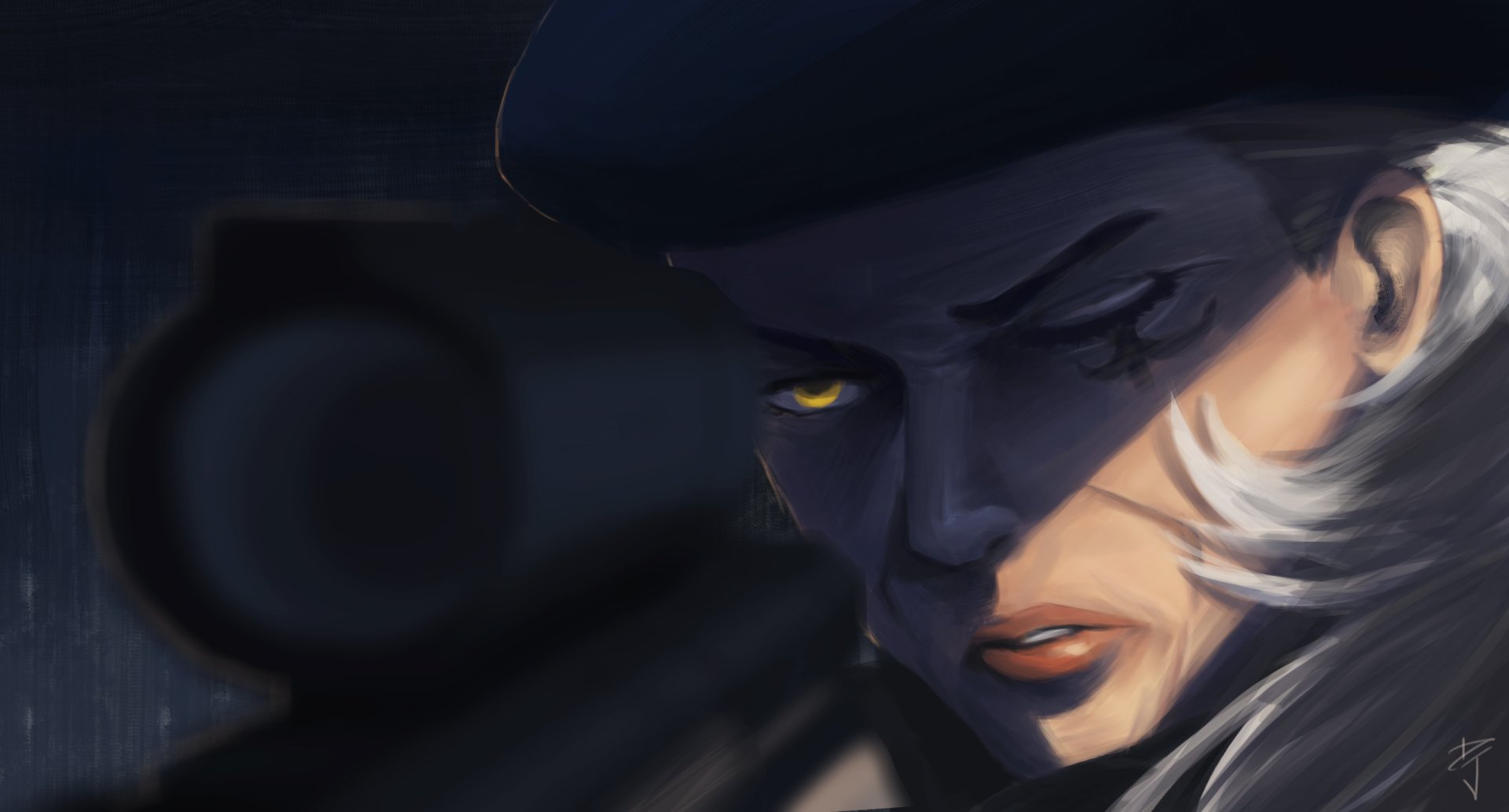 HD PC desktop wallpaper featuring Ana from the video game Overwatch, showcasing her focused expression in a dark, dramatic close-up.