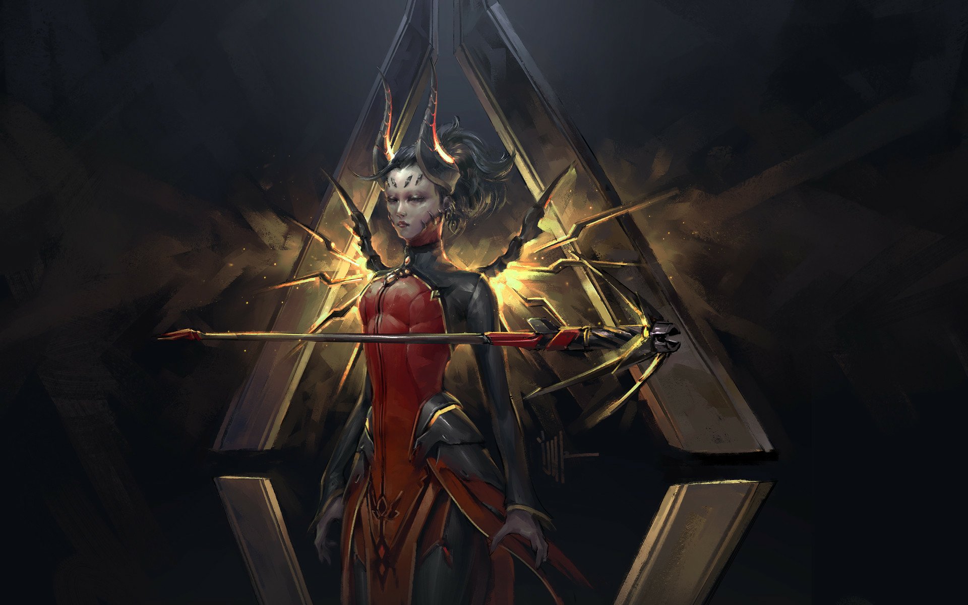 Mercy (Overwatch) in striking red armor, glowing wings and staff against a dark geometric backdrop — Overwatch video game HD PC desktop wallpaper/background.