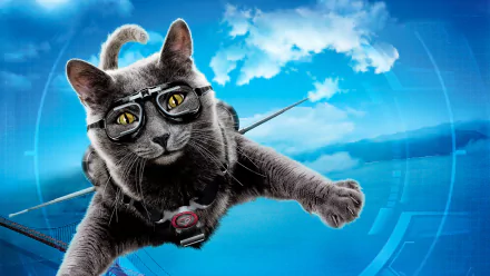 HD PC desktop wallpaper: gadget-equipped gray cat in goggles flying across a blue tech-sky, from the movie Cats & Dogs: The Revenge Of Kitty Galore.