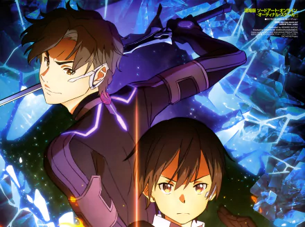 Kirito (Kazuto Kirigaya) and Eiji from Sword Art Online: Ordinal Scale, back-to-back in glowing combat suits amid shattered blue crystal shards — 4K anime desktop wallpaper.