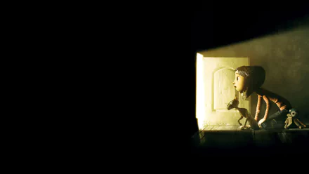 HD PC desktop wallpaper featuring a scene from the movie Coraline, showing Coraline peering through a glowing door with her cat in a dark room.